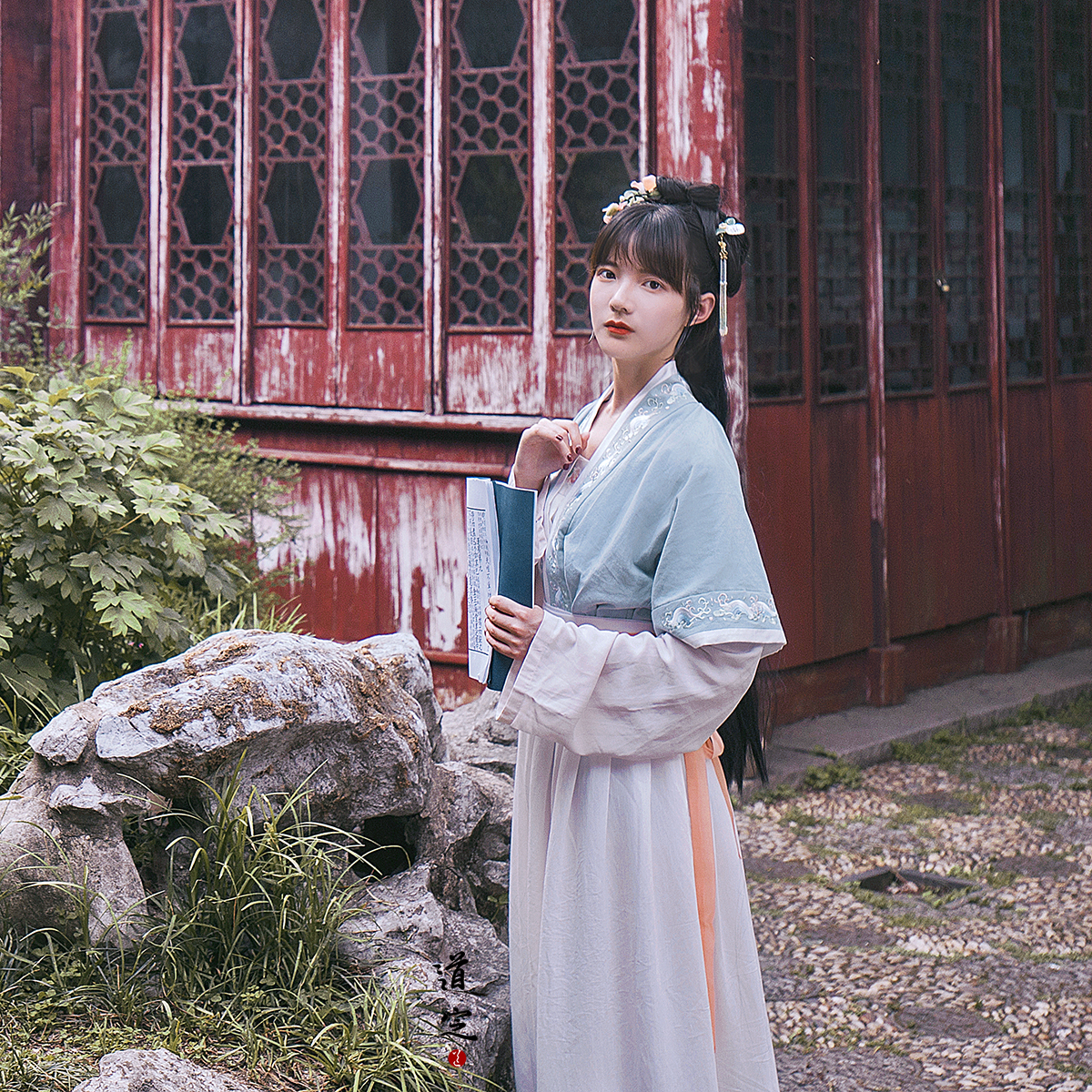 汉服汉元素凌波海水纹绣花对襟短袖半臂现货链接仅一件