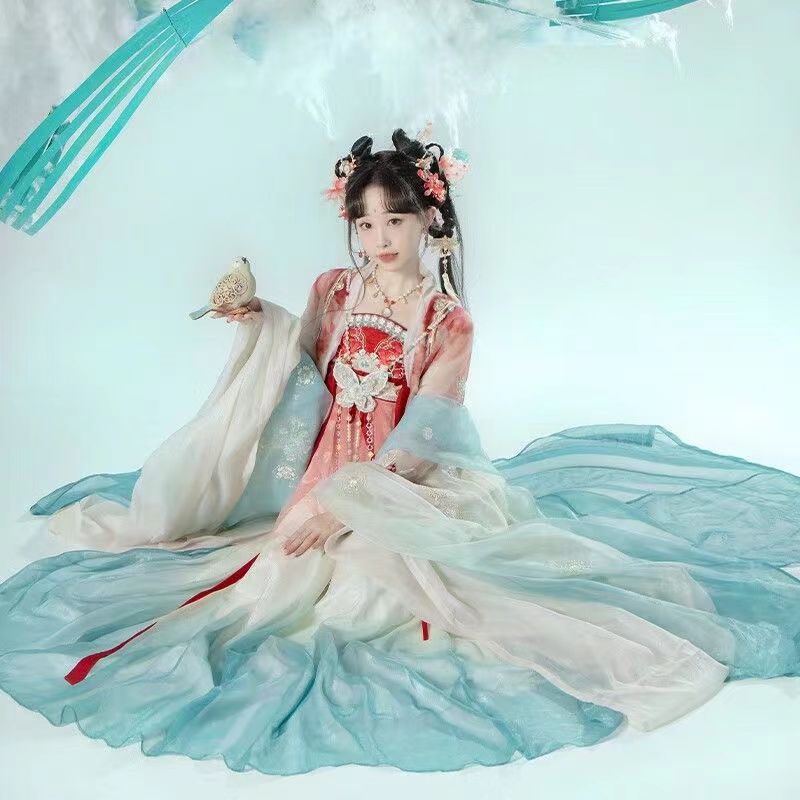 原创汉服【鸢与云起】重工刺绣唐制诃子裙大袖衫渐变仙气全套秋款